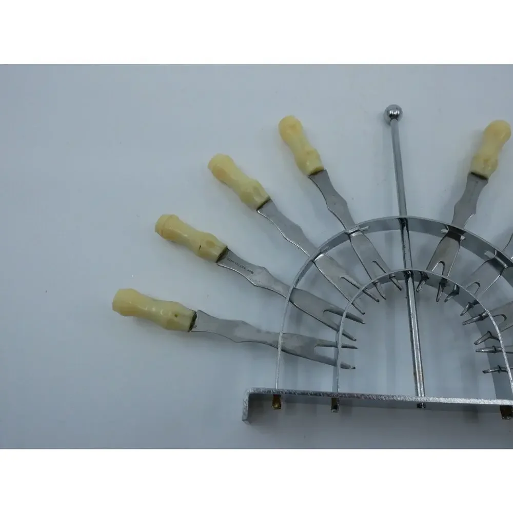 2 Vintage Cocktail Forks Beige Plastic Bamboo Tiki Style & Holder